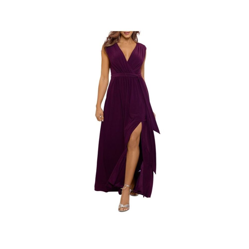 AQUA FORMAL Womens Purple Self-tie Belt High Slit Sleeveless Formal Gown Dress 0